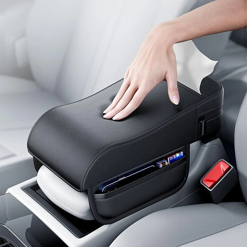 Luxury Universal Car Armrest with Built-in Tissue Holder – 💯Premium Leather Quality